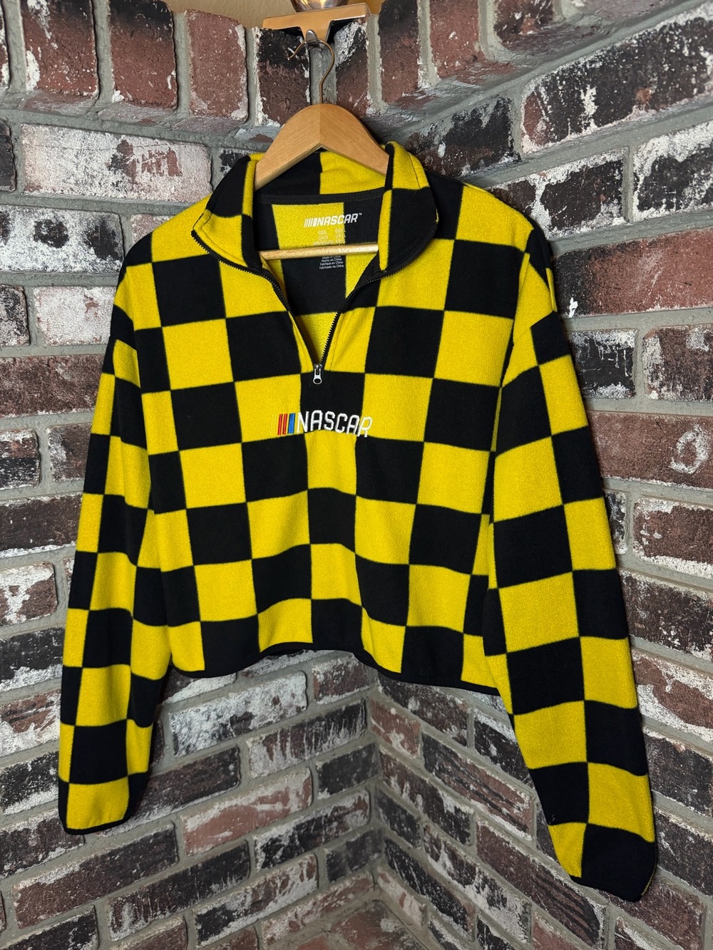 Nascar Half-Zip Checkerboard Polyester Fleece Crop Pullover Sweater